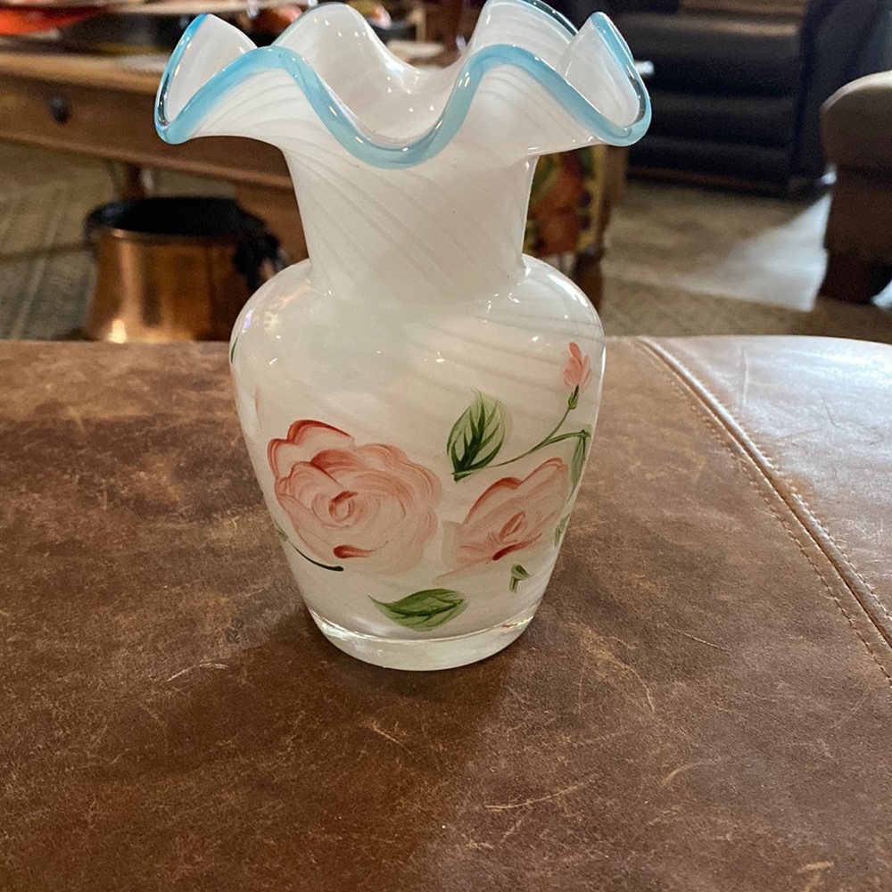 Vintage FENTON Handpainted Roses White Swirl Glass 6" Vase Blue Ruffled Top